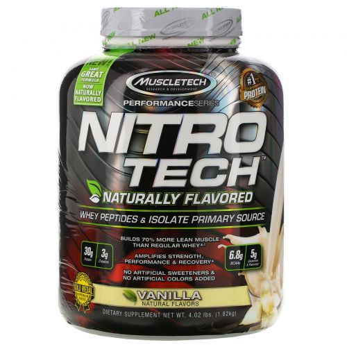 Muscletech, Nitro Tech, Naturally Flavored, Whey Peptides & Isolate Primary Source, Vanilla, 4.02 lbs (1.82 kg)