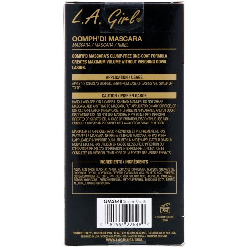 L.A. Girl, Тушь для ресниц Oomph'd Mascara, оттенок Super Black, 8 мл