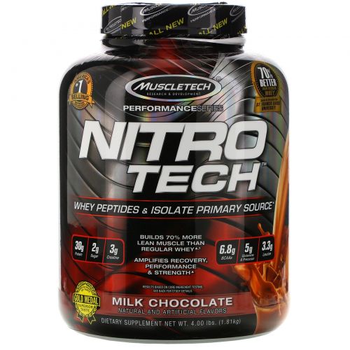 Muscletech, Серия Performance, Nitro-Tech, сывороточный изолят + наращивание мышечной массы, со вкусом молочного шоколада, 3,97 фунта (1,80 кг)