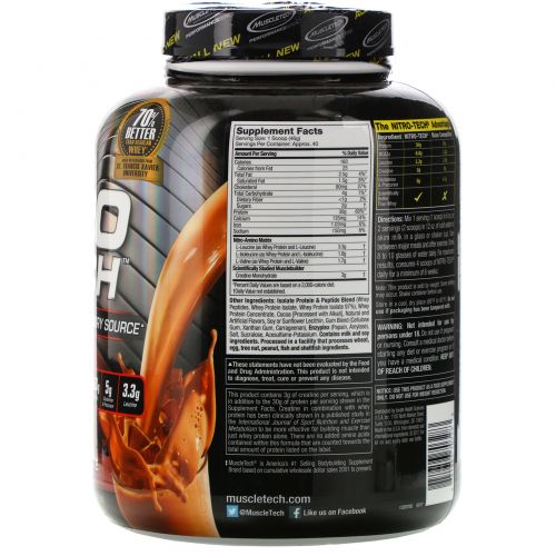 Muscletech, Серия Performance, Nitro-Tech, сывороточный изолят + наращивание мышечной массы, со вкусом молочного шоколада, 3,97 фунта (1,80 кг)