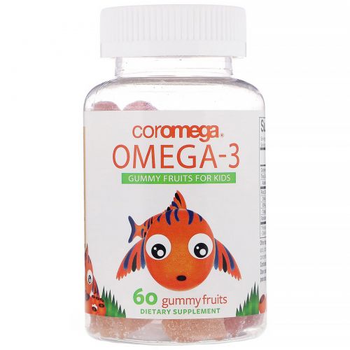 Coromega, Омега-3, фруктовые жевательные таблетки для детей, апельсин, лимон, клубника, 60 жевательных таблеток