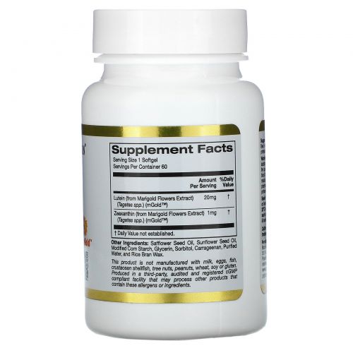 California Gold Nutrition, Лютеин с зеаксантином, 20 мг, 60 растительных мягких таблеток