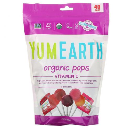 YumEarth, Organic, шипучие конфеты с витамином С, ассорти вкусов, 40 конфет, 8,5 унции (245 г)