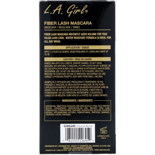 L.A. Girl, Тушь для ресниц Fiber Lash Mascara, оттенок Intense Black, 8 мл