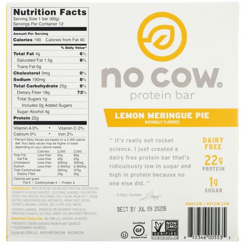 No Cow, Протеиновый батончик, лимонный пирог с безе, 12 батончиков по 60 г (2,12 унции)