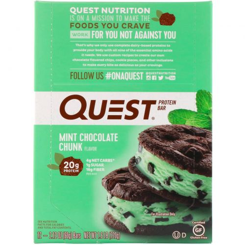 Quest Nutrition, Quest Bar, Protein Bar, Mint Chocolate, 12 Bars, 2.1 oz (60 g) Each