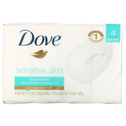 Dove, Косметическое мыло «Чувствительная кожа», без отдушек, 4 шт. по 113 г