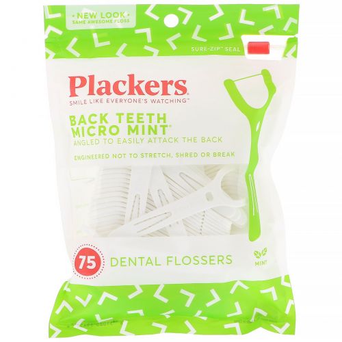 Plackers, Micro Mint, зубочистки с нитью для задних зубов, мята, 75 шт.