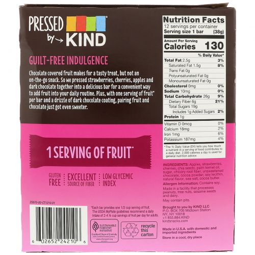 KIND Bars, Pressed by KIND, Dark Chocolate Strawberry, 12  Fruit Bars, 1.34 oz (38 g) Each