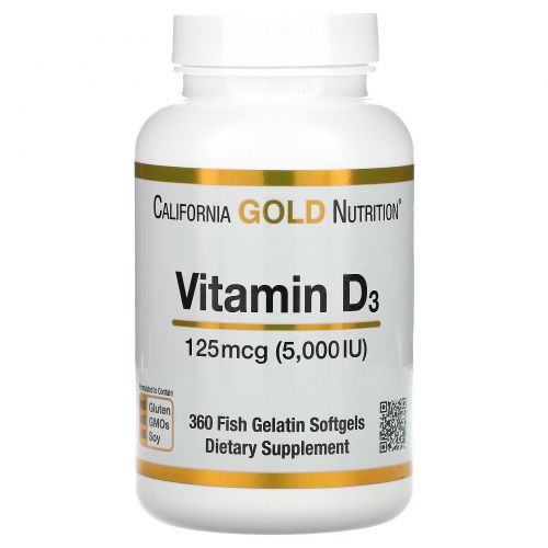California Gold Nutrition, Витамин D3, 5,000 МЕ, 360 желатиновых капсул из рыбы