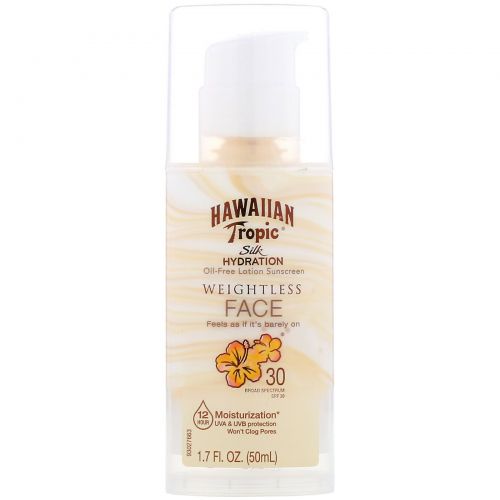 Hawaiian Tropic, Silk Hydration, Weightless Face, невесомый солнцезащитный лосьон для лица без масел, SPF 30, 50 мл