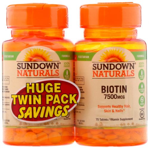 Sundown Naturals, Biotin, Twin Pack, 7,500 mcg , 75 Tablets Each