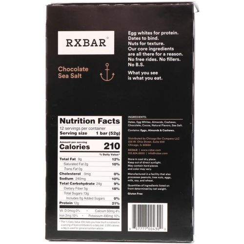 RXBAR, Protein Bars, Chocolate Sea Salt, 12 Bars, 1.83 oz (52 g) Each