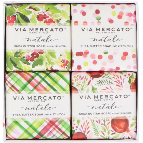 European Soaps, LLC, Via Mercato, Natale, Shea Butter Soaps Set, 4 Soaps, 50 g Each