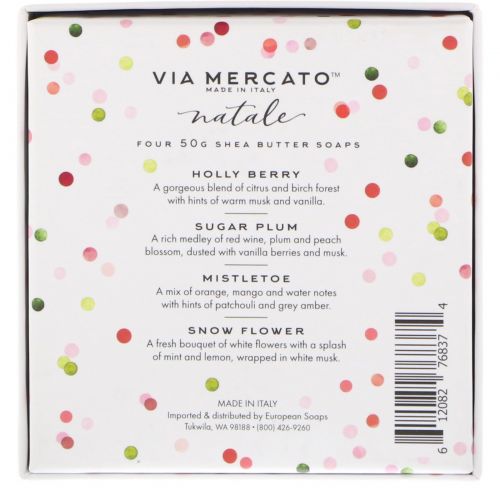 European Soaps, LLC, Via Mercato, Natale, Shea Butter Soaps Set, 4 Soaps, 50 g Each