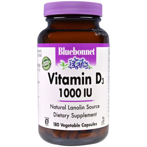 Bluebonnet Nutrition, Витамин D3, 1000 МЕ, 180 капсул в растительной оболочке