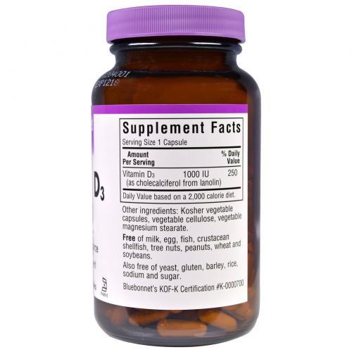 Bluebonnet Nutrition, Витамин D3, 1000 МЕ, 180 капсул в растительной оболочке