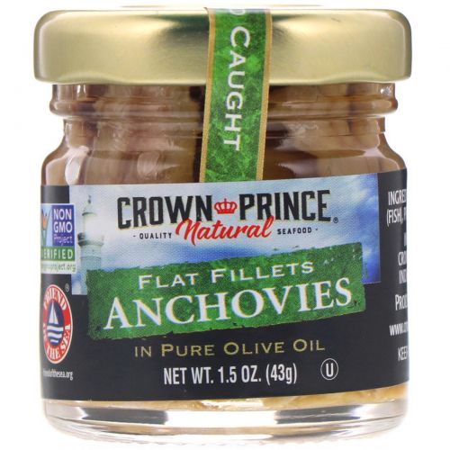 Crown Prince Natural, Анчоусы, плоское филе, в чистом оливковом масле, 1,5 унции (43 г)
