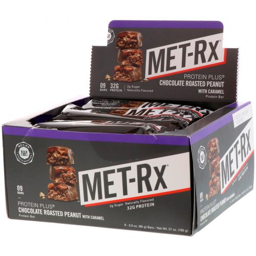 MET-Rx, Батончик Протеин Плюс, Шоколад с Жареным Арахисом и Карамелью, 9 батончиков, 3,0 унции (85 г) каждый