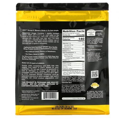 California Gold Nutrition, Изолят сывороточного протеина, ванильный вкус, 908 г