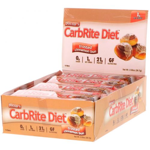 Universal Nutrition, Батончик Doctor's CarbRite Diet, без сахара, булочка с коричной глазурью, 12 плиток, по 2 унции (56,7 г) каждая