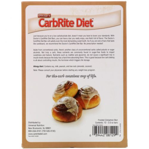 Universal Nutrition, Батончик Doctor's CarbRite Diet, без сахара, булочка с коричной глазурью, 12 плиток, по 2 унции (56,7 г) каждая