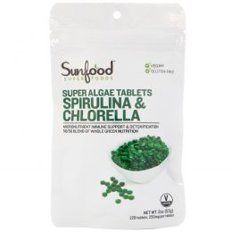 Sunfood, Спирулина и хлорелла, Таблетки с суперводорослями, 250 мг, 225 таблеток