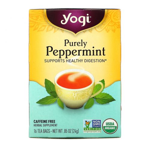 Yogi Tea, Organic, Purely Peppermint, без кофеина, 16 чайных пакетиков, 0,85 унции (24 г)