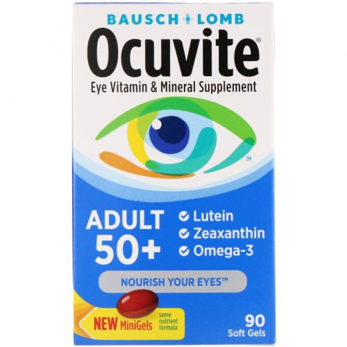 Bausch & Lomb Ocuvite, Витаминная и минеральная добавка для глаз, для взрослых от 50 лет, 90 мягких желатиновых капсул