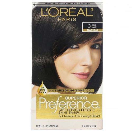 L'Oreal, Краска для волос Superior Preference с технологией против вымывания цвета и системой придания сияния, натуральный, мягкий черный 3, на 1 применение