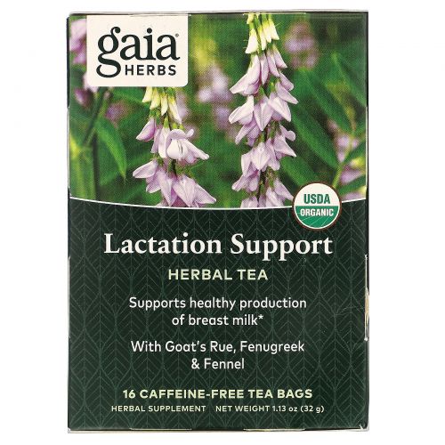 Gaia Herbs, Поддержка лактации, чай для кормящих женщин, без кофеина, 16 чайных пакетиков, 1,13 унции (32 г)