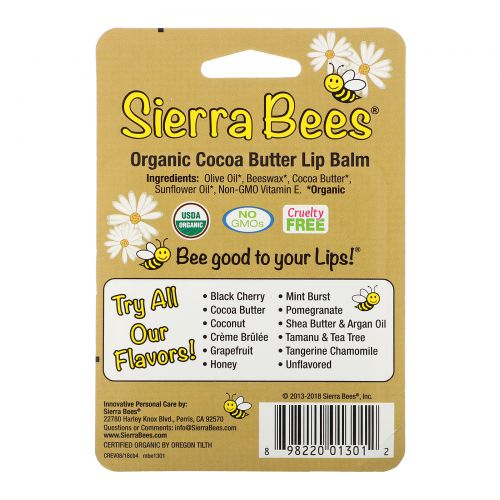 Sierra Bees, Органические бальзамы для губ, масло какао, 4 в упаковке, по 4,25 г (0,15 унц.) каждый