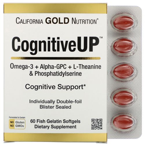 California Gold Nutrition, CognitiveUP, омега-3 жирные кислоты, альфа-ГФК, теанин и фосфатидилсерин, 60 мягких капсул из рыбьего желатина