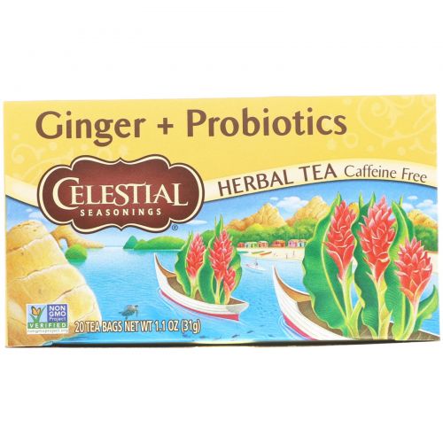 Celestial Seasonings, Травяной чай, имбирь + пробиотики, без кофеина, 20 чайных пакетиков, 1,1 унции (31 г)