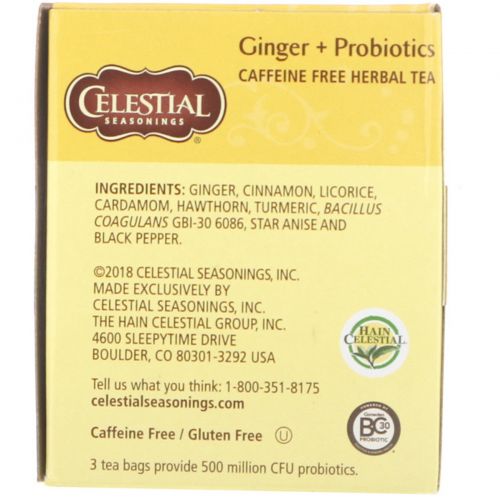 Celestial Seasonings, Травяной чай, имбирь + пробиотики, без кофеина, 20 чайных пакетиков, 1,1 унции (31 г)