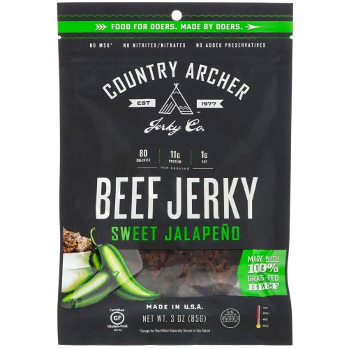 Country Archer Jerky, Натуральная вяленая говядина, Сладкий халапеньо, 3 унции (85 г)