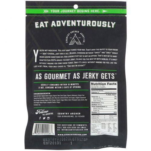 Country Archer Jerky, Натуральная вяленая говядина, Сладкий халапеньо, 3 унции (85 г)