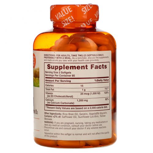 Sundown Naturals, Calcium Plus Vitamin D3, 1200 mg, 170 Softgels