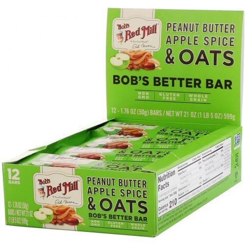 Bob's Red Mill, Bob's Better Bar, Peanut Butter Apple Spice & Oats, 12 Bars, 1.76 oz (50 g) Each