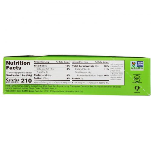 Bob's Red Mill, Bob's Better Bar, Peanut Butter Apple Spice & Oats, 12 Bars, 1.76 oz (50 g) Each