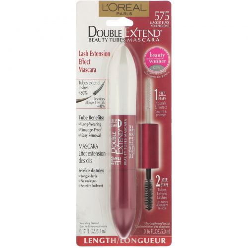 L'Oreal, Тушь для ресниц Double Extend Beauty Tubes, угольно-черный оттенок 575, 5,2 мл / 5 мл