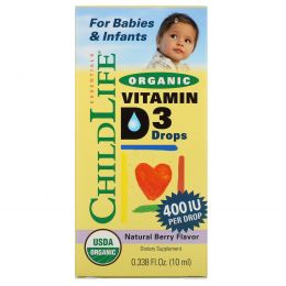 ChildLife, Капли с органическим витамином D3, природный ягодный вкус, 400 МЕ, 0,338 жидких унций (10 мл)