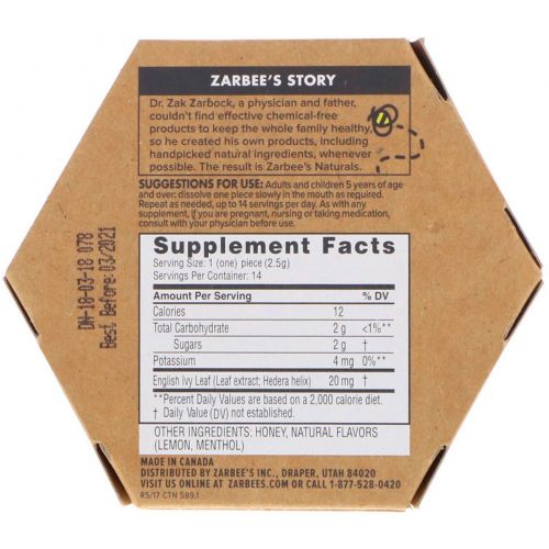 Zarbee's, Naturals, 96% Honey Cough Soothers + Mucus, Natural Lemon Menthol Flavor, 14 Pieces, 1.2 oz (35 g)