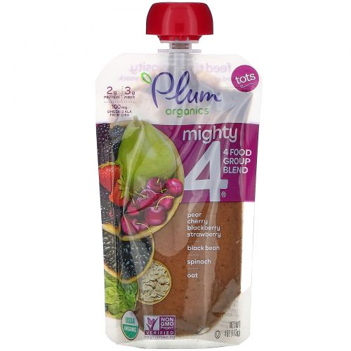 Plum Organics, Mighty 4, 4 Food Group Blend, Tots, Pear, Cherry, Blackberry, Strawberry, Black Bean, Spinach, Oat, 6 Pouches, 4 oz (113 g) Each