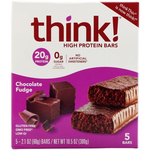 ThinkThin, High Protein Bars, Chocolate Fudge, 5 Pack, 2.1 oz (60 g) Each