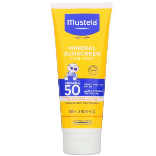 Mustela, Baby, Mineral Sunscreen, Face + Body, SPF 50, 3.38 fl oz (100 ml)