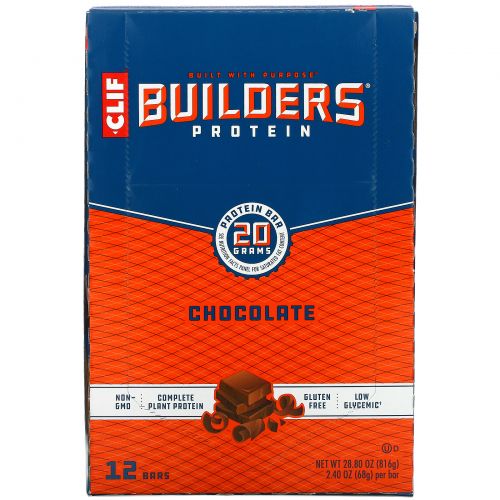Clif Bar, Протеиновый батончик от Builder, шоколадный, 12 батончиков, по 2,4 унции (68 гр) каждый