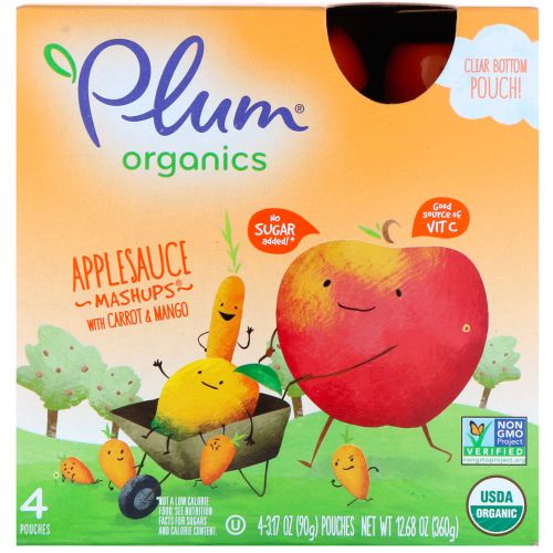 Plum Organics, "Морковная нарезка", фруктовое пюре с яблоком, морковью и манго, 4 пакета по 3,17 унций (90 г)