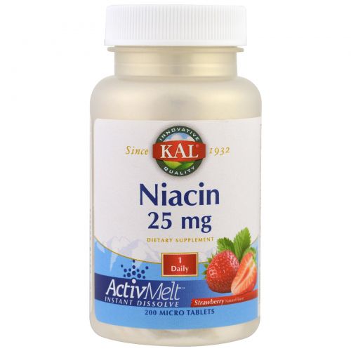 KAL, Ниацин, клубника, 25 мг, 200 микротаблеток