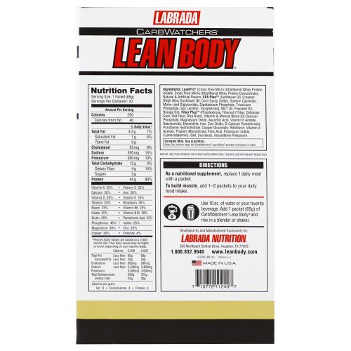 Labrada Nutrition, CarbWatchers Lean Body, Vanilla, 20 Packets, 2.29 oz (65 g) Each